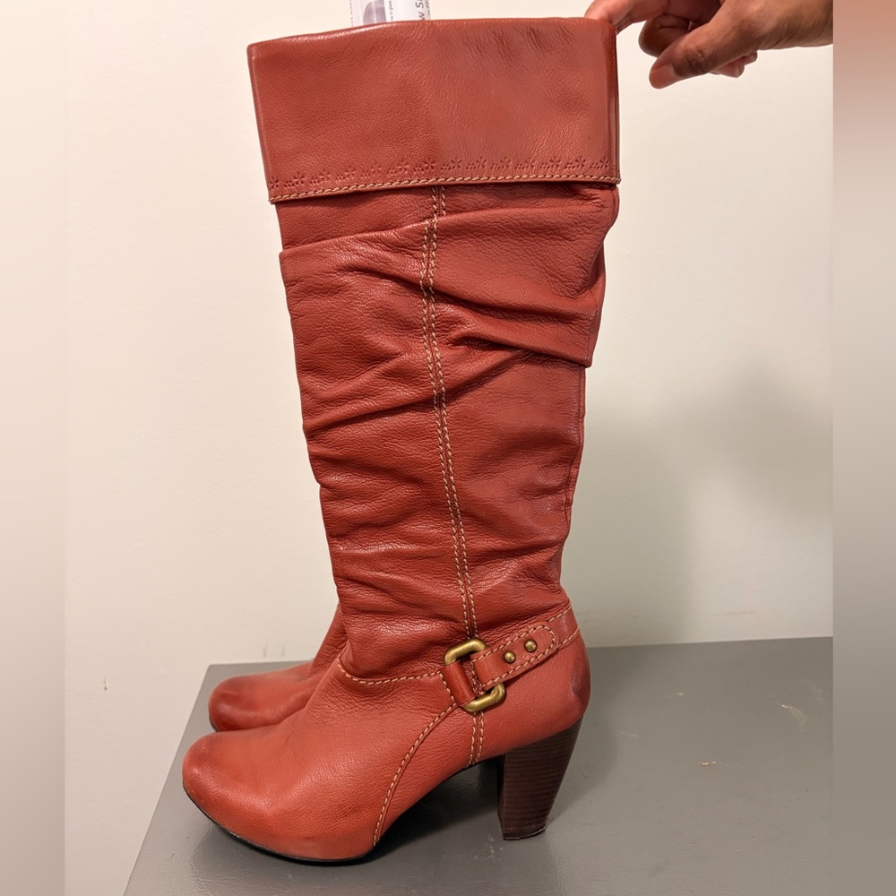 Elegant Brown Knee-High Boots, Fossil, Reddish Brown Leather Boots, Size 10